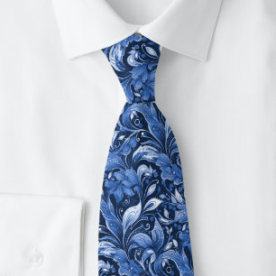 Corbata de seda azul marino con estampado botánico