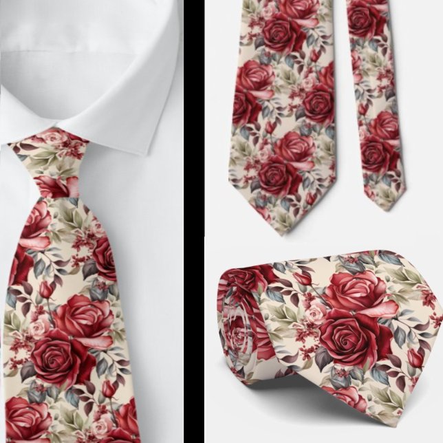 Corbata de seda con acuarela de rosas rojo profund (Subido por el creador)