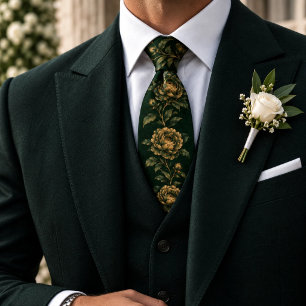 Corbata de seda con peonía botánica dorada verde b