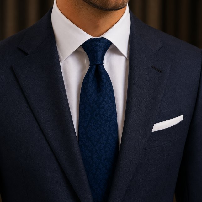 Corbata de seda de lujo Damask Navy de medianoche  (Subido por el creador)
