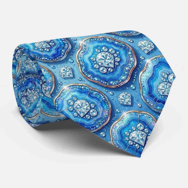 Corbata de seda de lujo falsa | Oceano Azul Geoda (Enrollado)