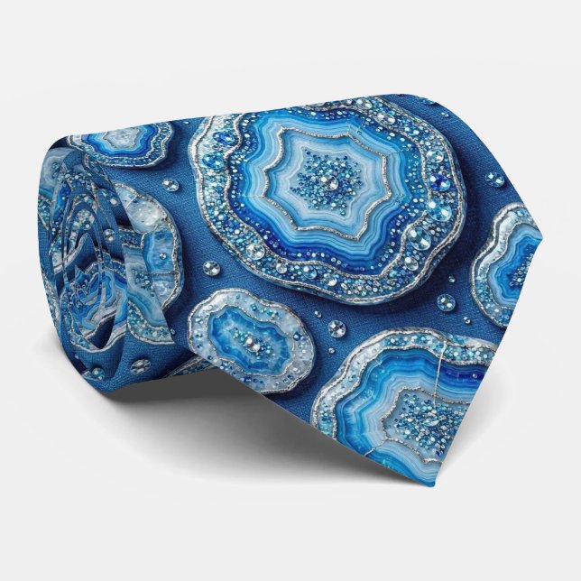 Corbata de seda de lujo falsa | Oceano Azul Geoda (Enrollado)