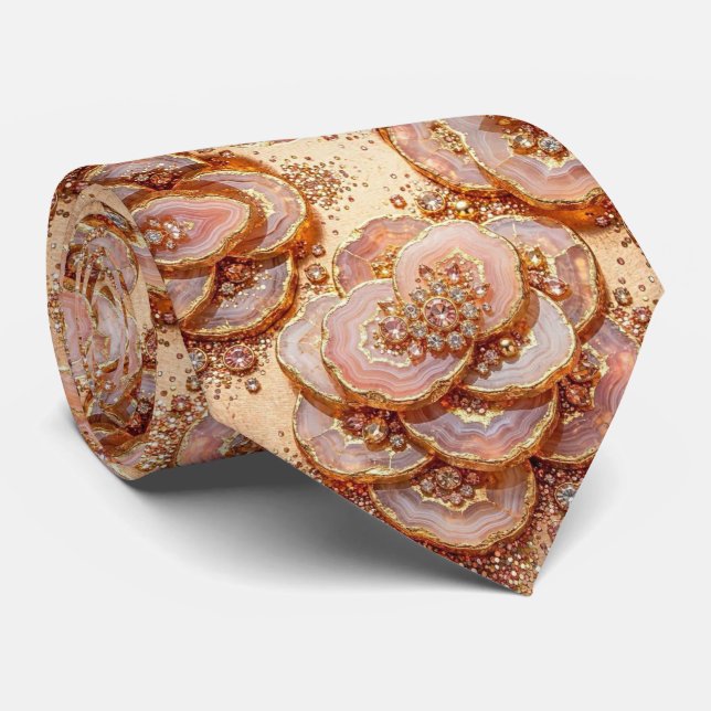 Corbata de seda de lujo falsa | Rosa geoda dorada (Enrollado)