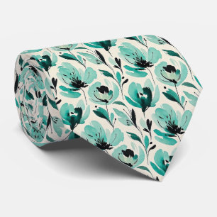 Corbata de seda falsa Aqua + Black Floral acuare