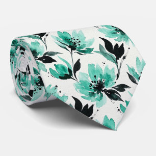 Corbata de seda falsa Aqua + Black Floral acuare