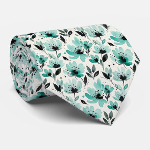 Corbata de seda falsa Aqua + Black Floral acuare