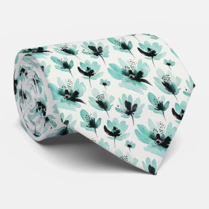 Corbata de seda falsa Aqua + Black   Floral acuare