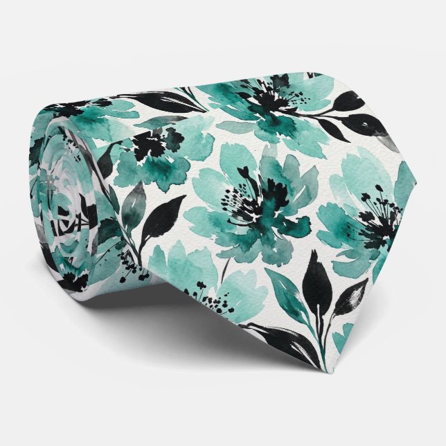 Corbata de seda falsa Aqua + Black | Floral acuare (Enrollado)