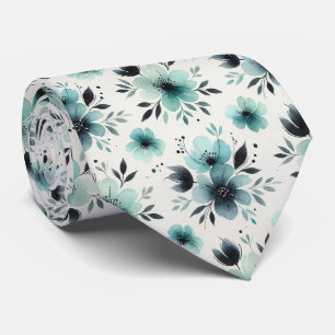 Corbata de seda falsa Aqua + Black Floral acuare