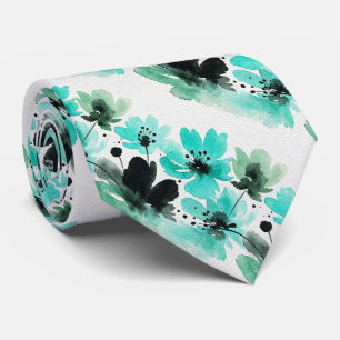 Corbata de seda falsa Aqua + Black Floral acuare