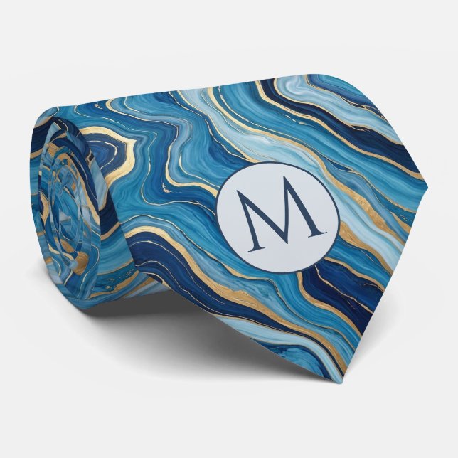 Corbata de seda falsa con monograma | Mármol azul  (Enrollado)