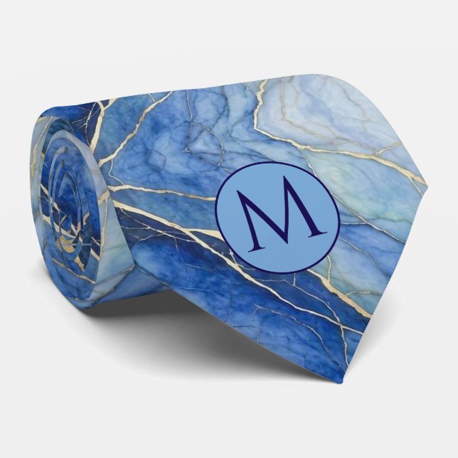 Corbata de seda falsa con monograma | Mármol azul  (Enrollado)