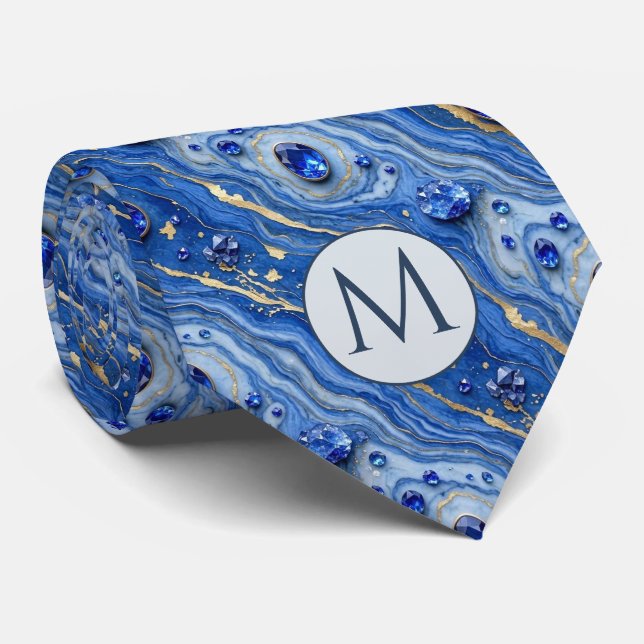 Corbata de seda falsa con monograma | Mármol azul  (Enrollado)