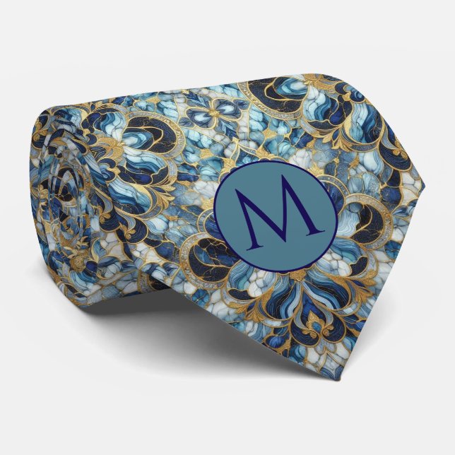 Corbata de seda falsa con monograma | Mármol azul  (Enrollado)