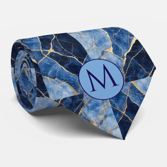 Corbata de seda falsa con monograma | Mármol azul  (Enrollado)