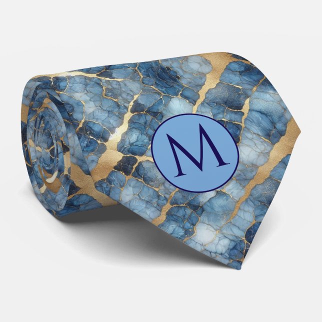 Corbata de seda falsa con monograma | Mármol azul  (Enrollado)