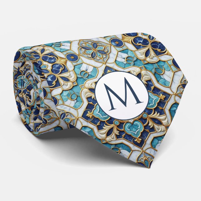 Corbata de seda falsa con monograma | Mármol azul  (Enrollado)