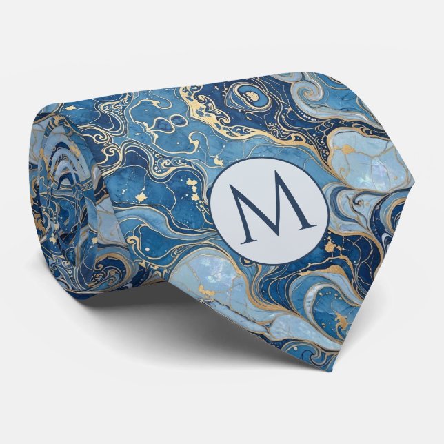 Corbata de seda falsa con monograma | Mármol azul  (Enrollado)