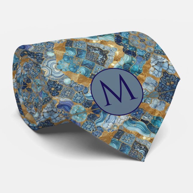 Corbata de seda falsa con monograma | Mármol azul  (Enrollado)