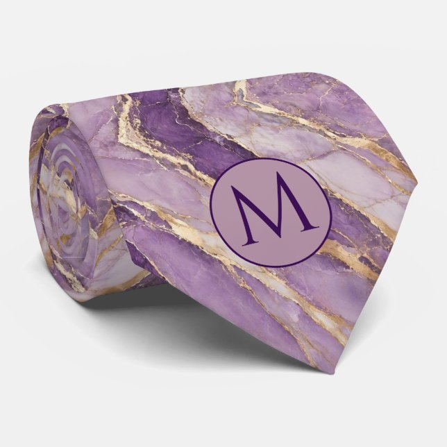 Corbata de seda falsa con monograma | Mármol púrpu (Enrollado)