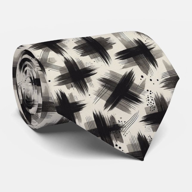 Corbata de seda falsa | Diseño abstracto negro y b (Enrollado)