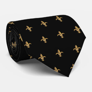 Corbata de seda falsa negra con flores de lis dora