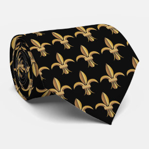 Corbata de seda falsa negra con flores de lis dora