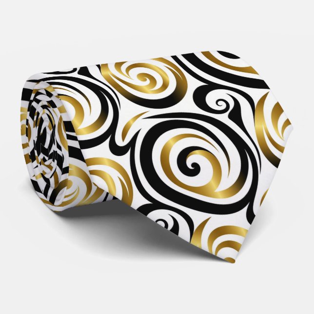 Corbata de seda falsa | Negro, blanco y abstracto  (Enrollado)