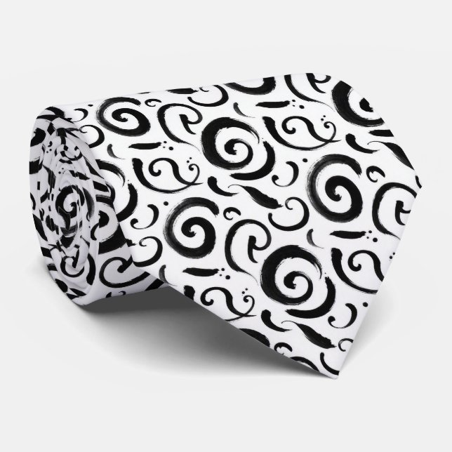 Corbata de seda falsa | Remolino abstracto negro + (Enrollado)