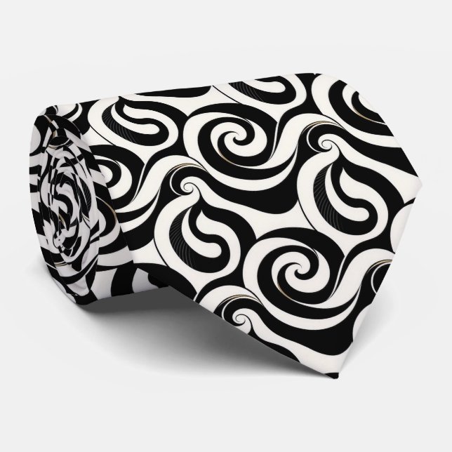 Corbata de seda falsa | Remolino abstracto negro + (Enrollado)