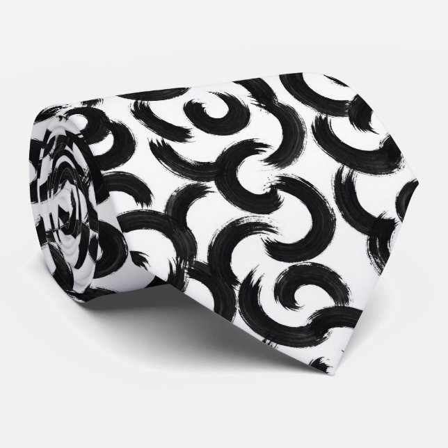 Corbata de seda falsa | Remolino abstracto negro + (Enrollado)