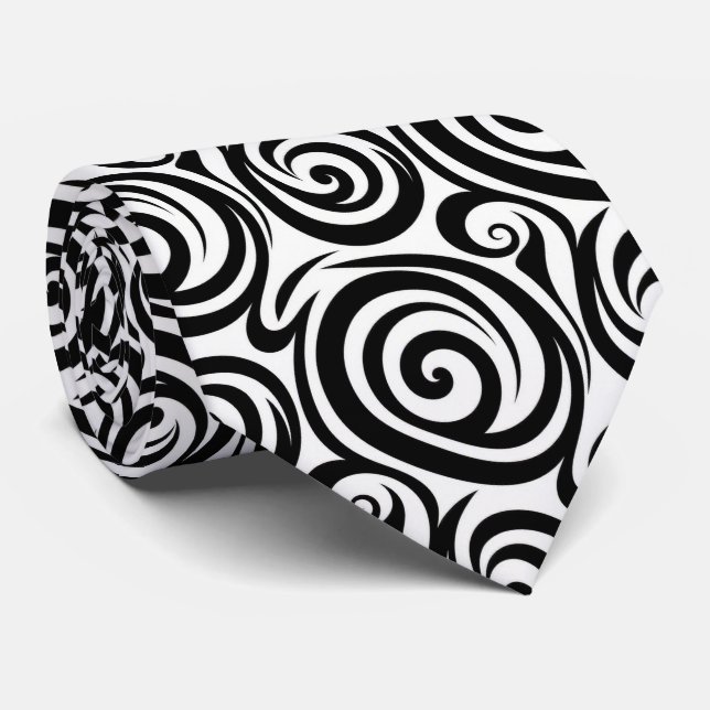 Corbata de seda falsa | Remolino abstracto negro + (Enrollado)