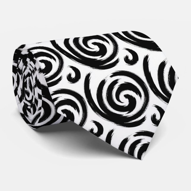 Corbata de seda falsa | Remolino abstracto negro + (Enrollado)