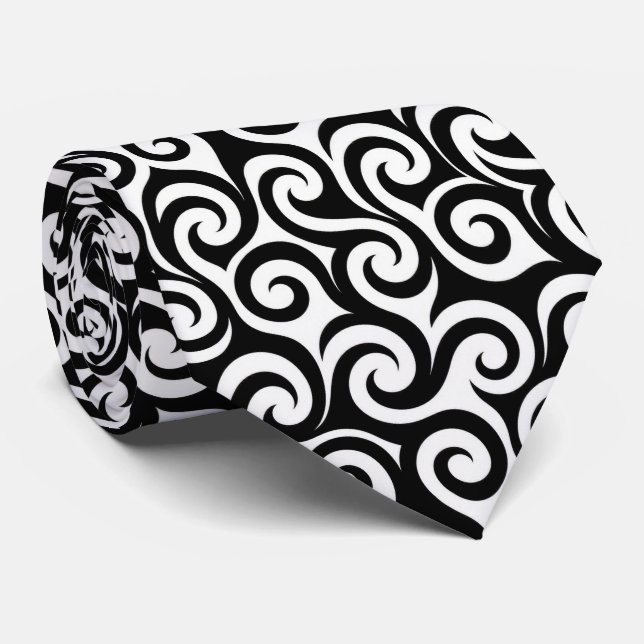 Corbata de seda falsa | Remolino abstracto negro + (Enrollado)