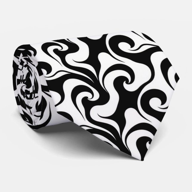 Corbata de seda falsa | Remolino abstracto negro + (Enrollado)