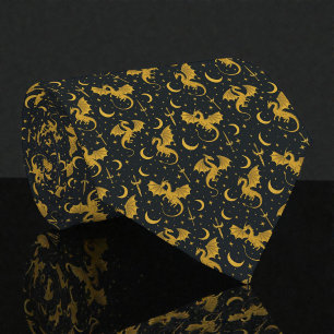 Corbata de seda negra con dragones dorados