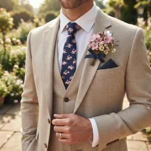 Corbata de seda rosa suave de flor de cerezo navy
