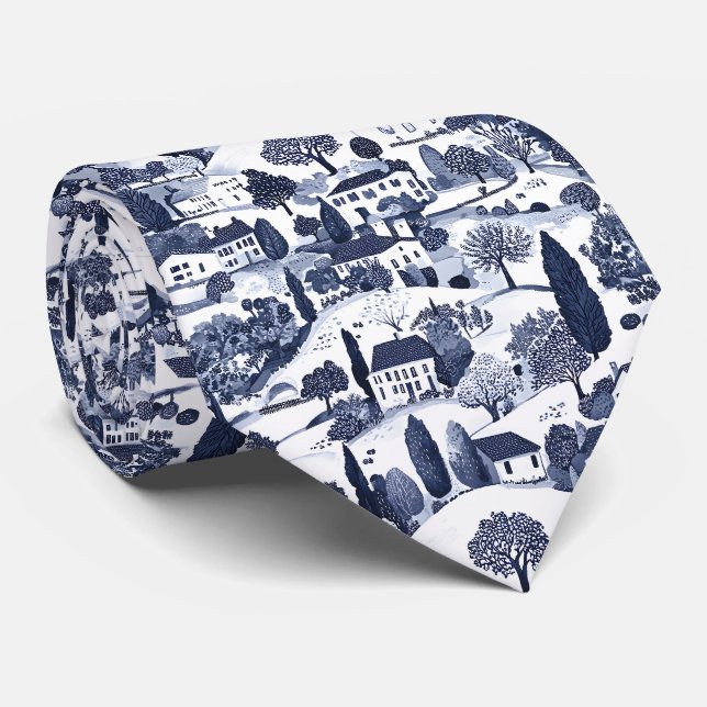 Corbata de Toile Azul Escena Campestre (Enrollado)