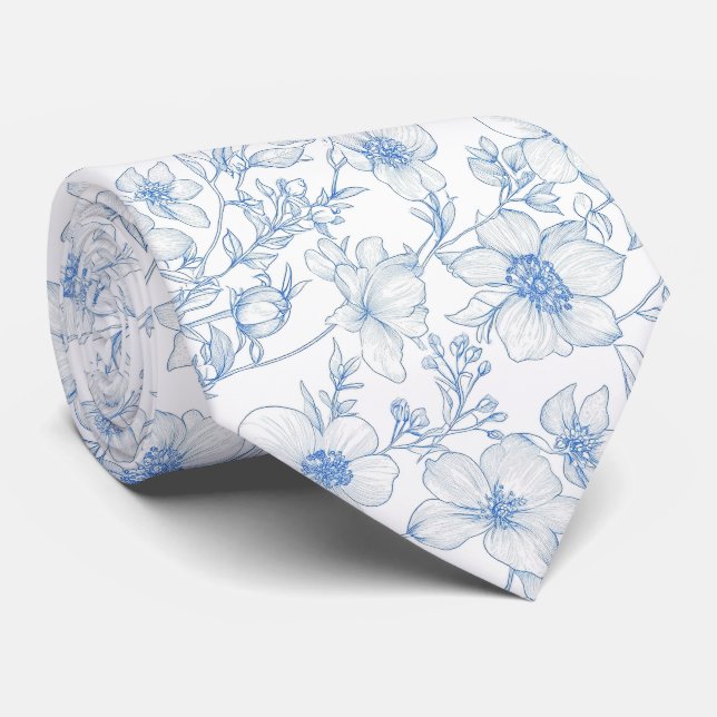 Corbata de toile de jouy de flores azules (Enrollado)