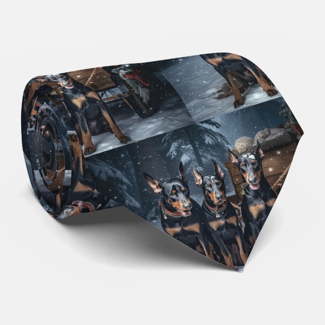 Corbata Decoración de Navidades Doberman Snowy Sleigh (Enrollado)