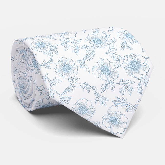 Corbata delicada de toile de jouy floral azul (Enrollado)