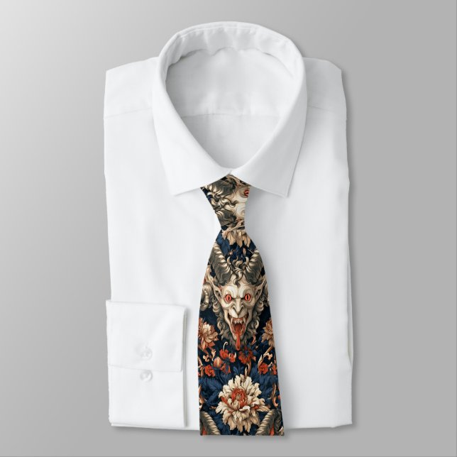 Corbata Demonio Cornudo Gótico de Crema y Barroco Azul Mar (Atado)