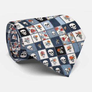 Corbata Denim Patchwork Skulls Floral