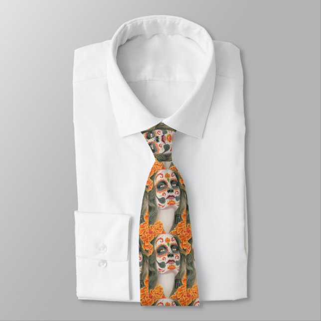 Corbata Día de la Calavera Azúcar Muerta con Marigoldes (Atado)