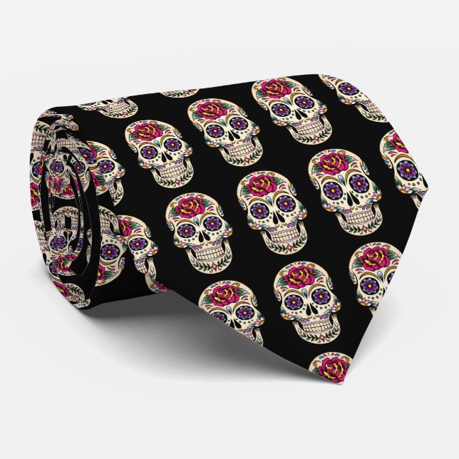 Corbata Día de la Calavera Azúcar Muerta con Rosa (Enrollado)