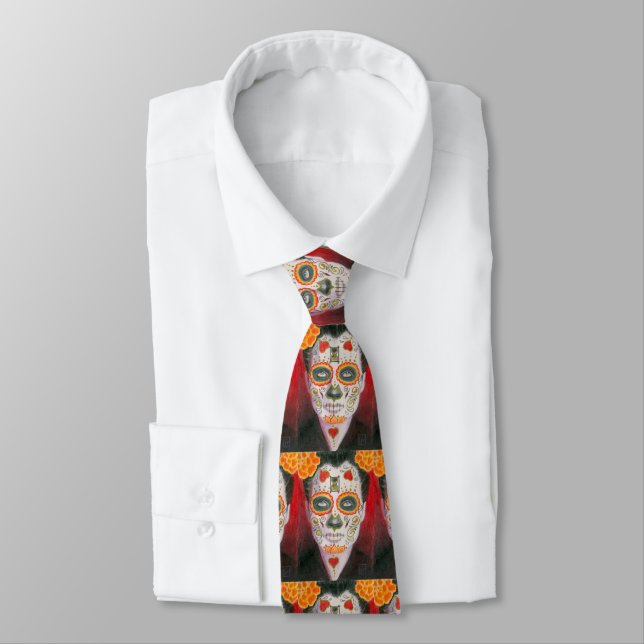 Corbata Día de la Calavera del Azúcar Muerta con Corazones (Atado)