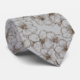 Corbata Dibujo de flor de cerezo, marrón sobre gris