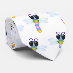 Corbata Dibujo de libélula de dibujos animados azul y rosa