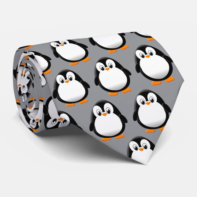 Corbata Dibujo de pingüino gris de dibujos animados lindo  (Enrollado)