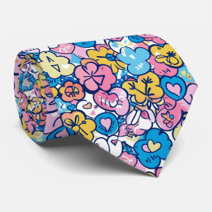 Corbata Dibujos adorables de corazones y flores retro en a